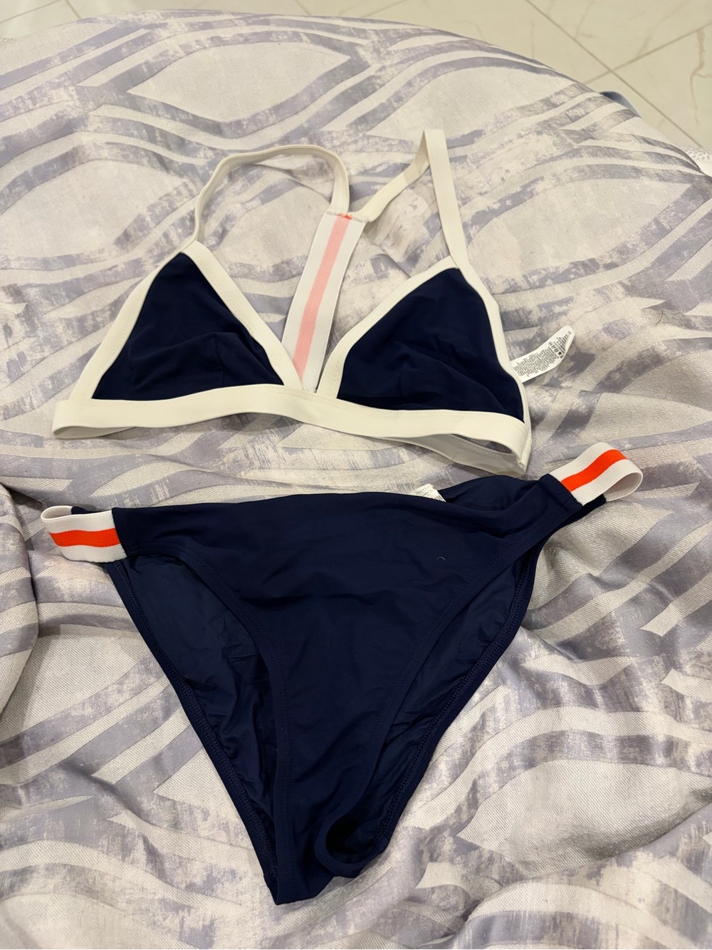 Tory Burch Navy Triangle Bikini with White Trim and Pink-Orange Stripe Back